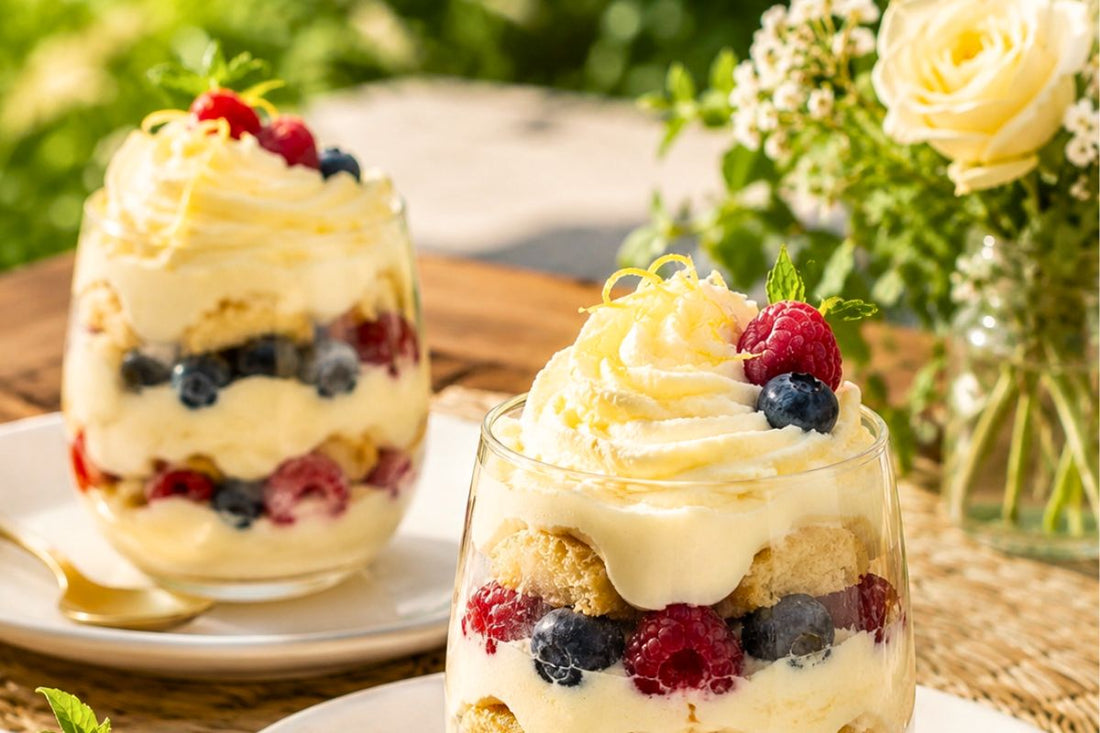 Lemon Berry Tiramisu topped with Limoncello Infused Whipped Cream on a picnic table. 