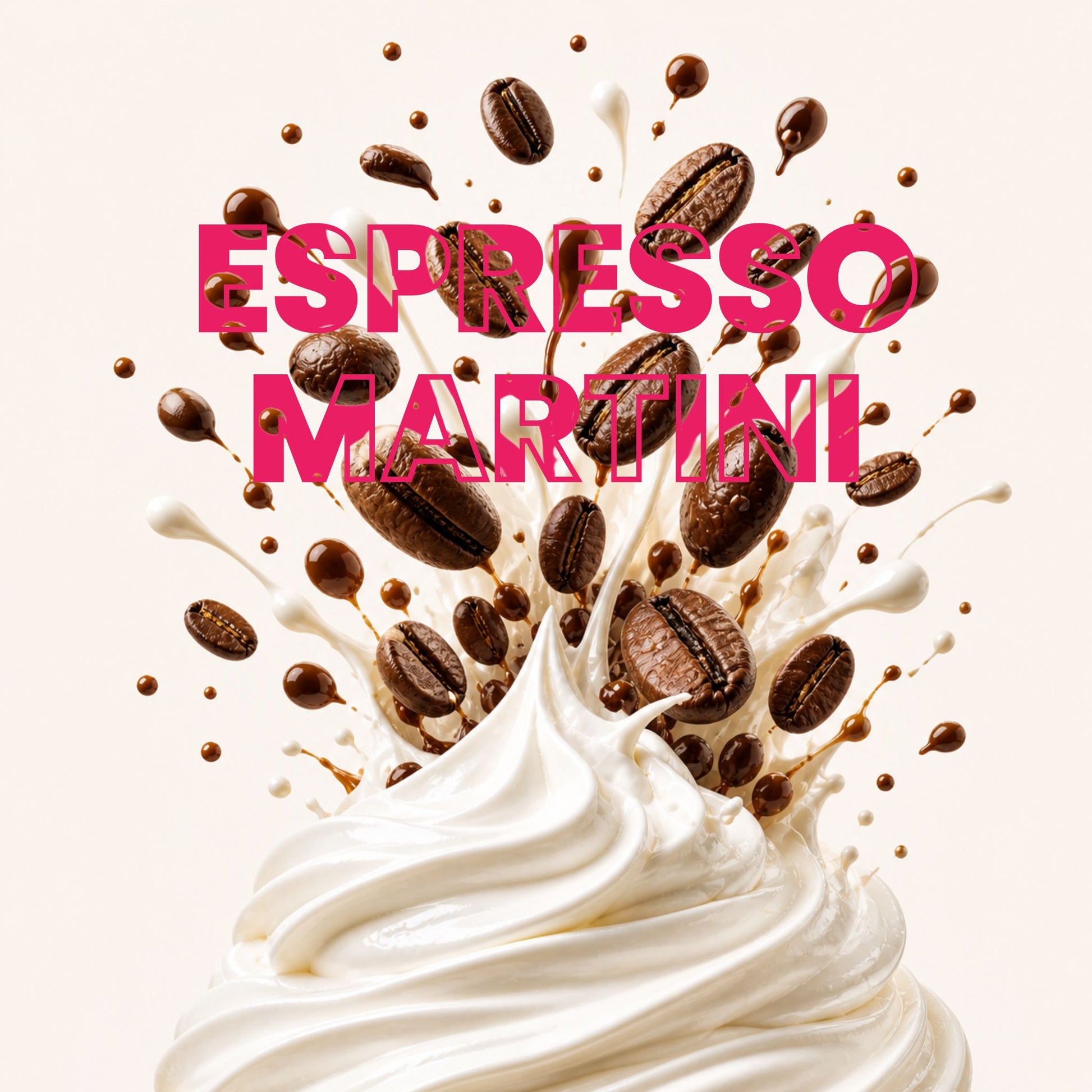 Espresso Martini Alcohol Whipped Cream bursting with coffee beans and espresso on beige background. 